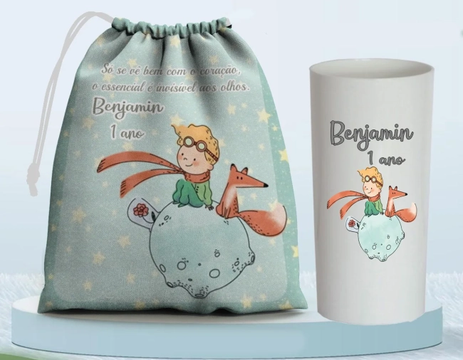 Kit Saquinho Surpresa e Copo Long Drink Personalizado Pequeno Princípe