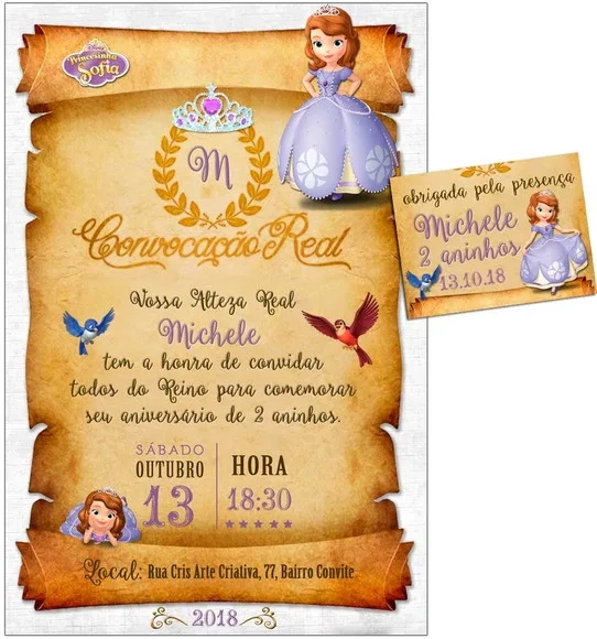 CONVITE DIGITAL C/TAG Pergaminho Princesinha Sofia