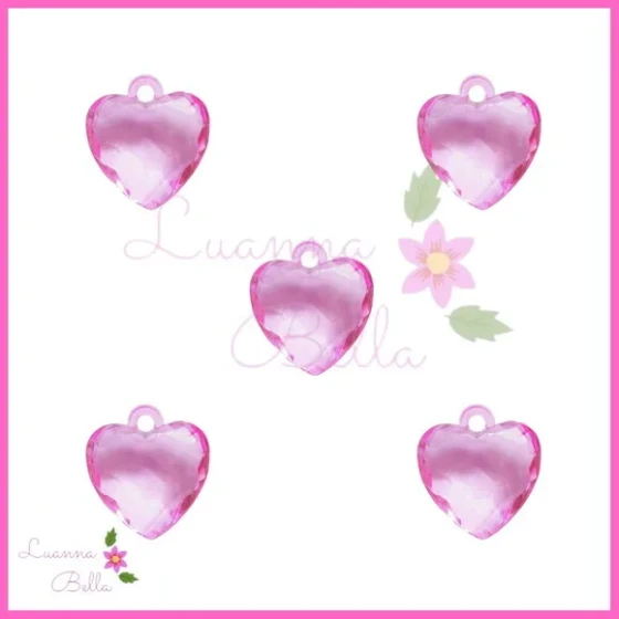 Pingente de acrílico Coração Facetado Rosa - Pct 12 unidades