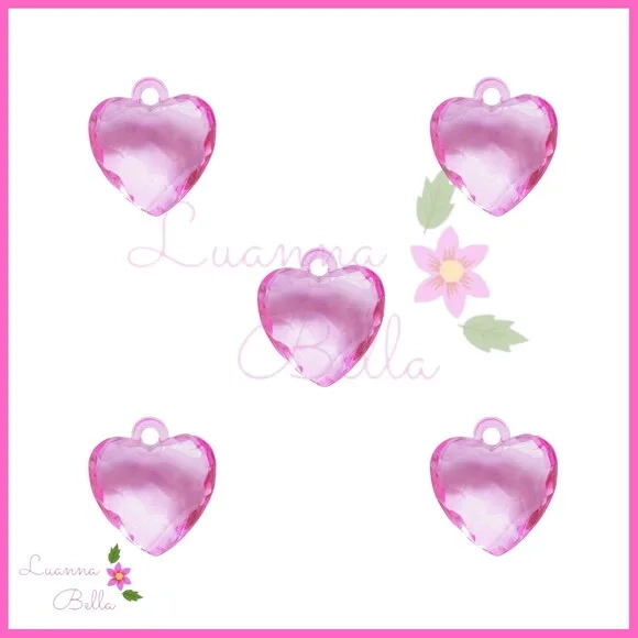 Pingente de acrílico Coração Facetado Rosa - Pct 12 unidades