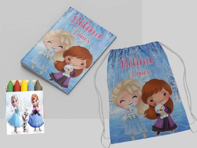 Kit Mochila e Revista de colorir para lembrancinha da Frozen Ana e Elsa