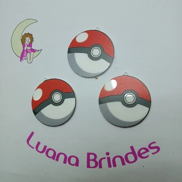 Pingente Pokebola de Acrílico UV 4cm Pct 3 Unidades