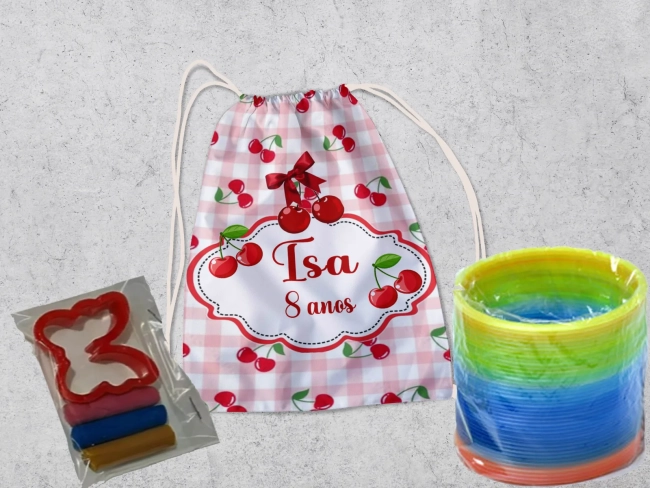 Kit Mochilinha + Mini Massinha de modelar e Mola Maluca Cerejinha