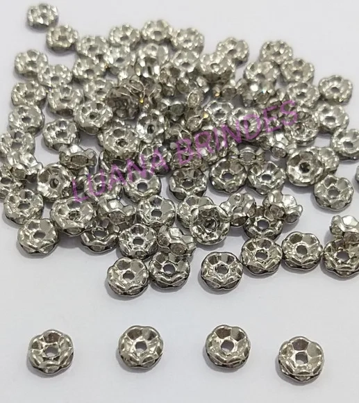 Rondela de Metal Prateado com Strass - 6mm - pct com 12 unid