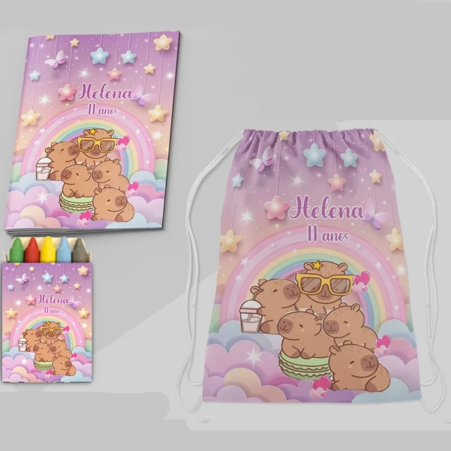 Kit Mochila e Revista de colorir para lembrancinha da Capivara