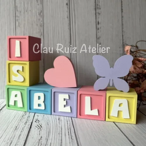 Decoração Bebê - Cubos 6x6cm Candy Ts + Borboleta e Coração