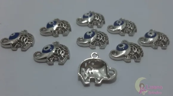 Pingente Elefante Olho Grego de Metal Prateado 3 unidades