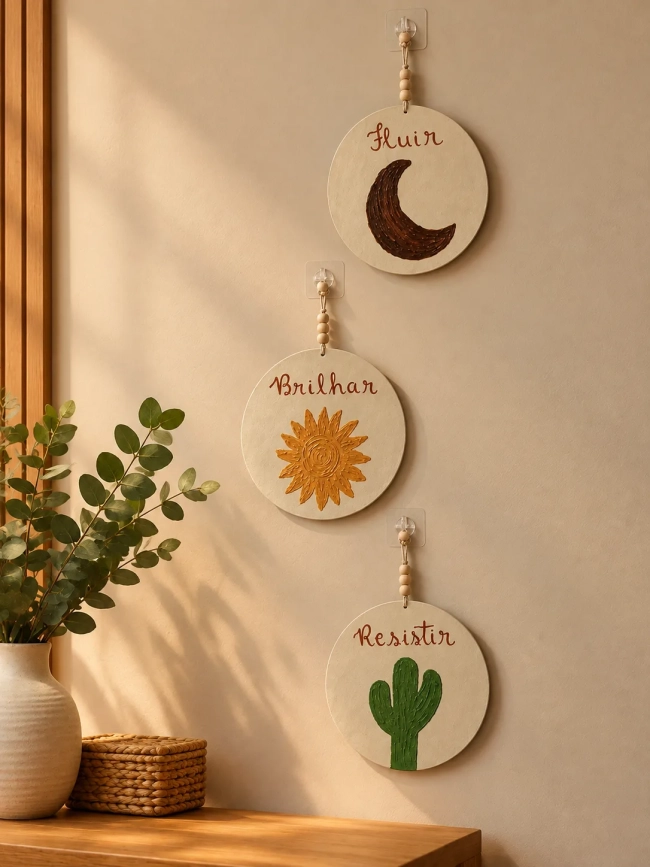 Trio Placas Decorativas Parede Boho Cacto Sol Lua MDF Kit 3 Peças 20cm