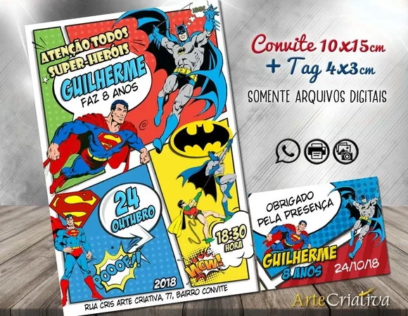 CONVITE DIGITAL C/TAG Super Homem e Batman Gibi