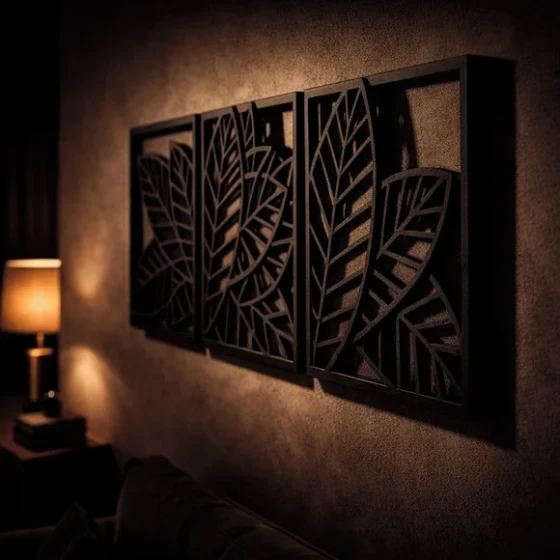 Trio Quadros Decorativos Vazados Folhagem 3d Preto mdf