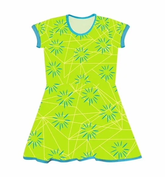 Vestido Infantil Fantasia Sentimento Alegria Verde Limão com Flores Azuis