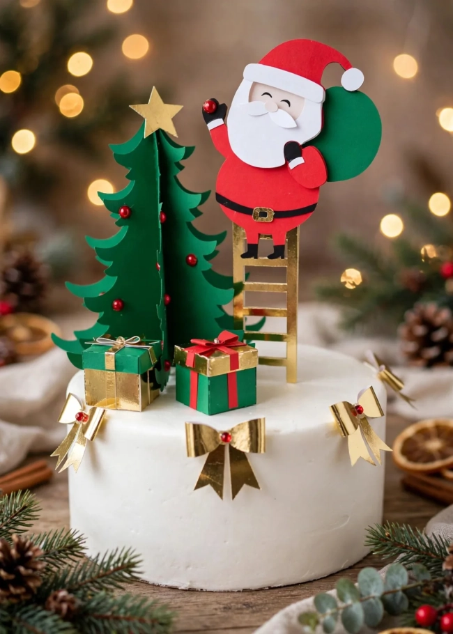 Arquivo de corte digital- Topo de bolo Papai Noel na escada