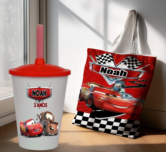 Kit Sacola Ecobag+ copo twister personalizado para lembrancinhas Carros Disney