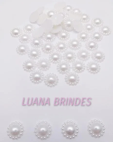 Meia Pérola Branca Decorada - 14mm - pct c/ 50 unid