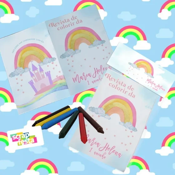Mini Revista Colorir Giz Cera, Saquinho, Lapela Arco Íris
