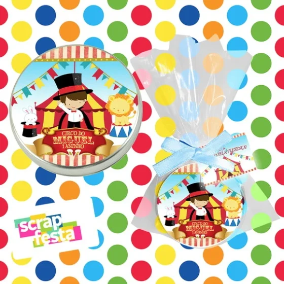 Latinha, Saquinho, Fitinha e Tag Personalizadas Festa Circo
