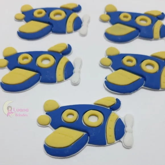 Aplique Avião Azul com Amarelo de Borracha - Pct C/6 Unid
