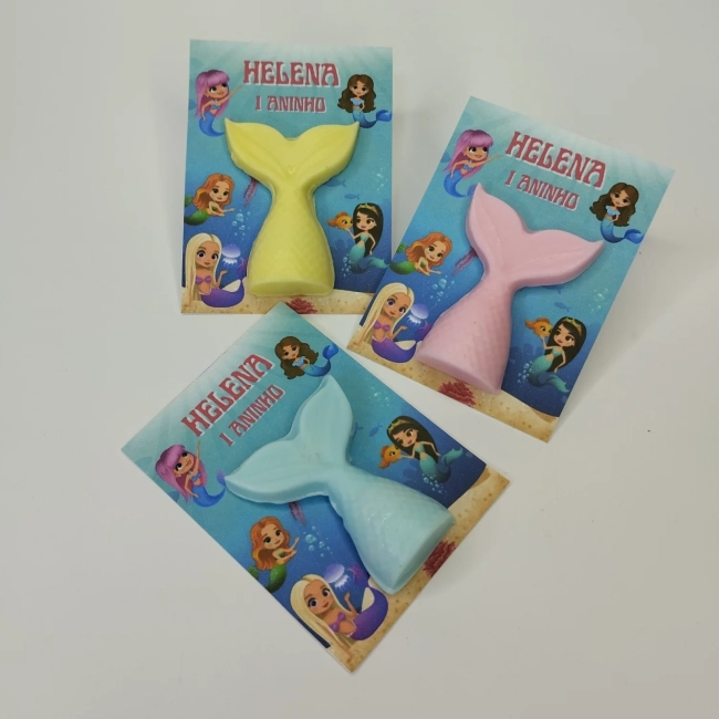 35 uni Lembrancinha Mini Sabonete Calda/ Rabo de Sereia Perfumado no Cartão Aniversário, Chá de Bebê, Batizado e etc.