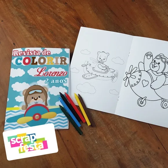 Revista Colorir + Giz de Cera Festa Urso Aviador