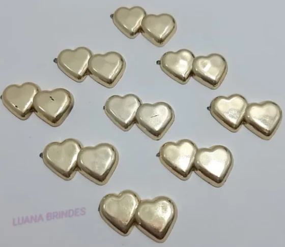Aplique Coração Duplo de ABS Dourado - pct c/12 unid