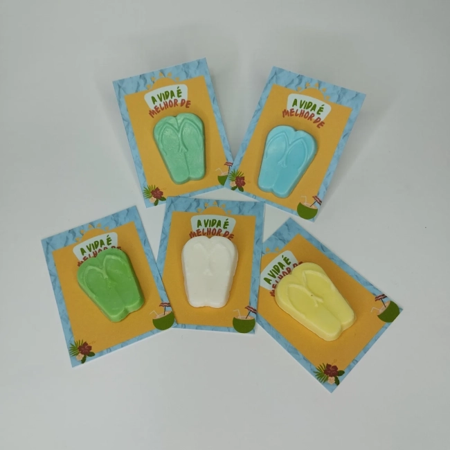 55 uni Lembrancinhas Mini Sabonete Chinelo Perfumado no Cartão Aniversário, Casamento, Chá de Bebê, Batizado e etc.