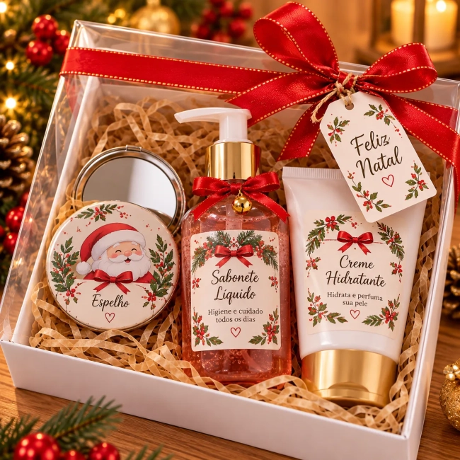 Kit Presente Natalino com Espelho Personalizado, Sabonete Líquido e Creme Hidratante