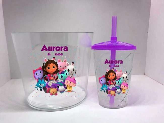 Kit Balde de Pipoca acrilico + Copo twister Personalizado Casa Mágica da Gabby