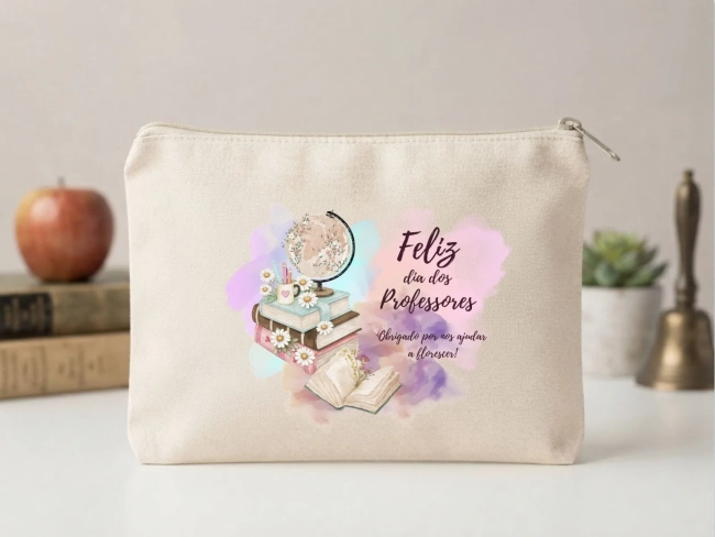 Lembrancinha Nécessaire Personalizada Algodão Cru 20x15 Estampa DTF Dia dos Professores Globo