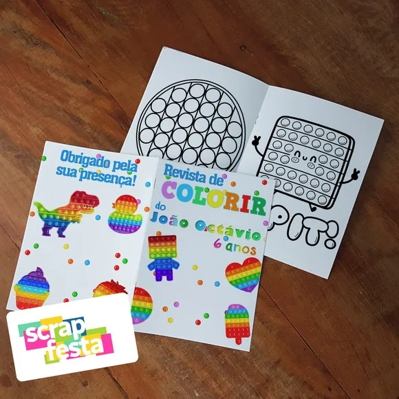 Revista Colorir + Giz Cera Personalizado Festa Pop It