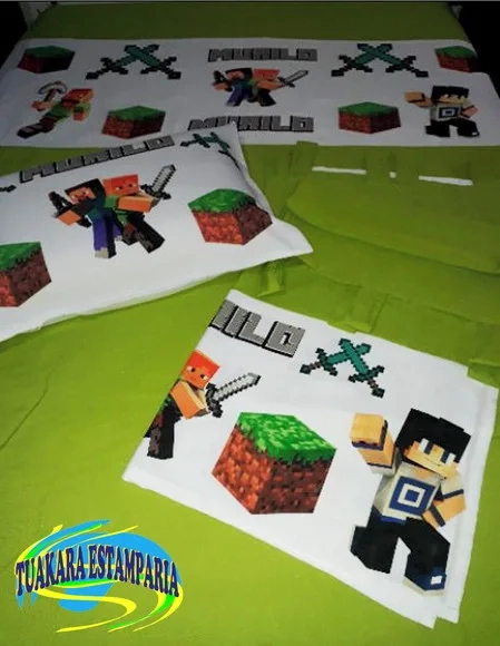 Kit Cortina + Lençol + Fronha Tema Minecraft