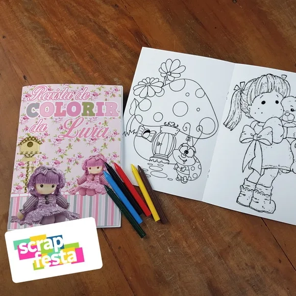 Revista Colorir + Giz de Cera Festa Jardim de Boneca