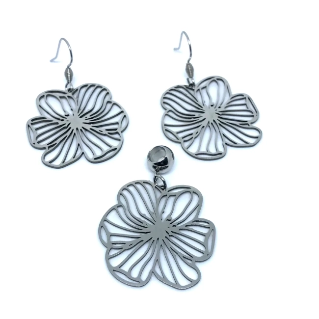 Conjunto Brinco E Pingente Flor Aço Inox Antialérgico