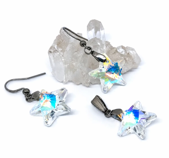 Conjunto Brinco e Pingente Estrela de Cristal AB Aço Inoxidável Antialérgico