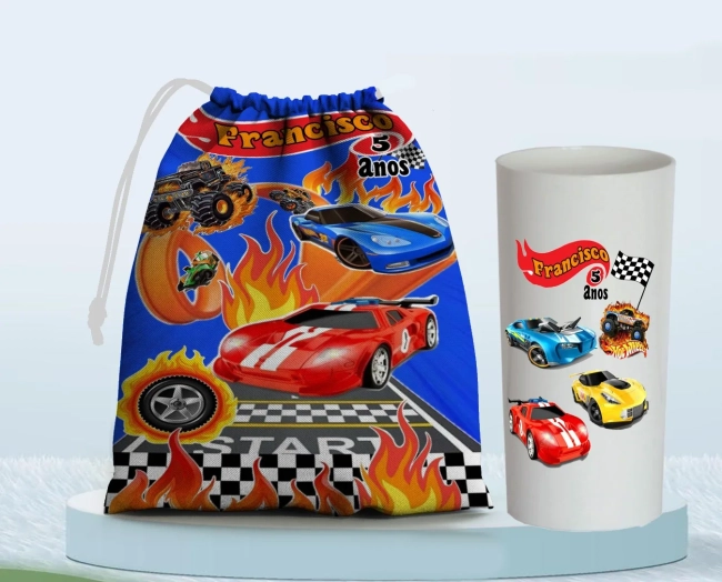 Kit Saquinho Surpresa e Copo Long Drink Personalizado Hot Wheels