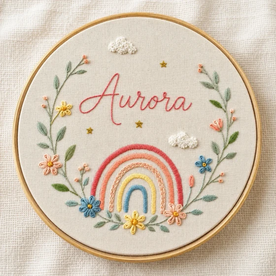 Porta Maternidade Arco-Íris com Nome | Bordado à Mão Personalizado