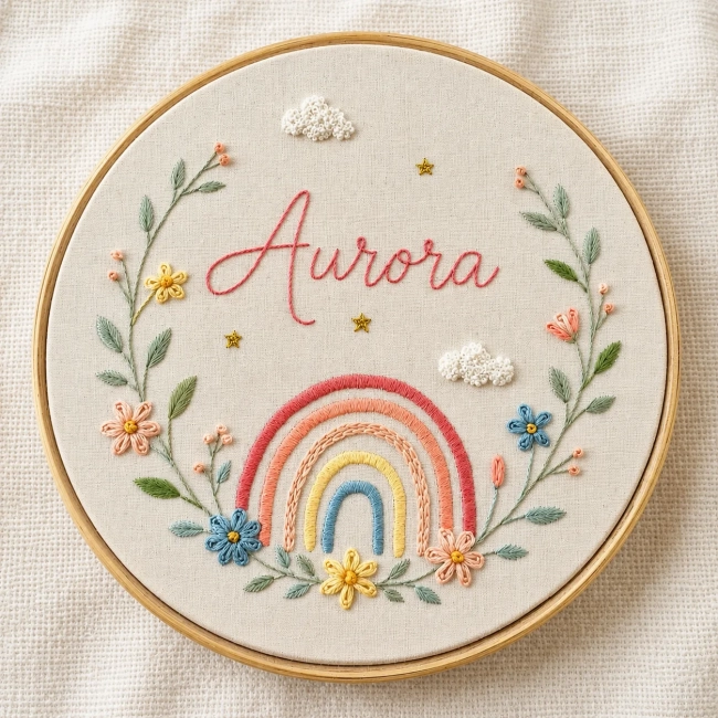 Porta Maternidade Arco-Íris com Nome | Bordado à Mão Personalizado