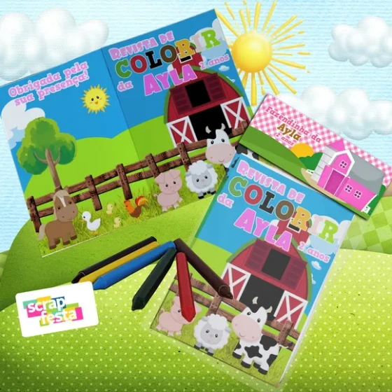 Mini Revista Colorir Giz Cera, Saquinho, Lapela Fazendinha