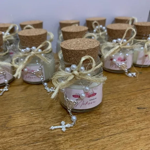 Lembrança Batizado Vela Aromática Vidro Rolha, Sisal e Terço