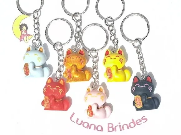 Chaveiro Gato da Sorte Maneki 26mm Resina 5 Unidades Variado