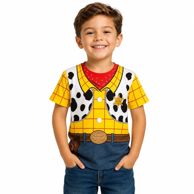 Camiseta Fantasia Caubói Xerife Xadrez com Colete de Vaqueiro