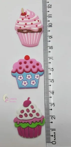 Apliques Cupcakes Variados de Borracha - Pct C/10 Unidades