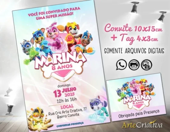 Convite Digital C/tag Patrulha Canina Skye Menina