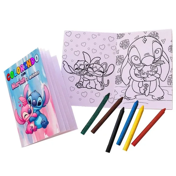 Mini Revistinha Stitch e Angel para Colorir com Giz de Cera