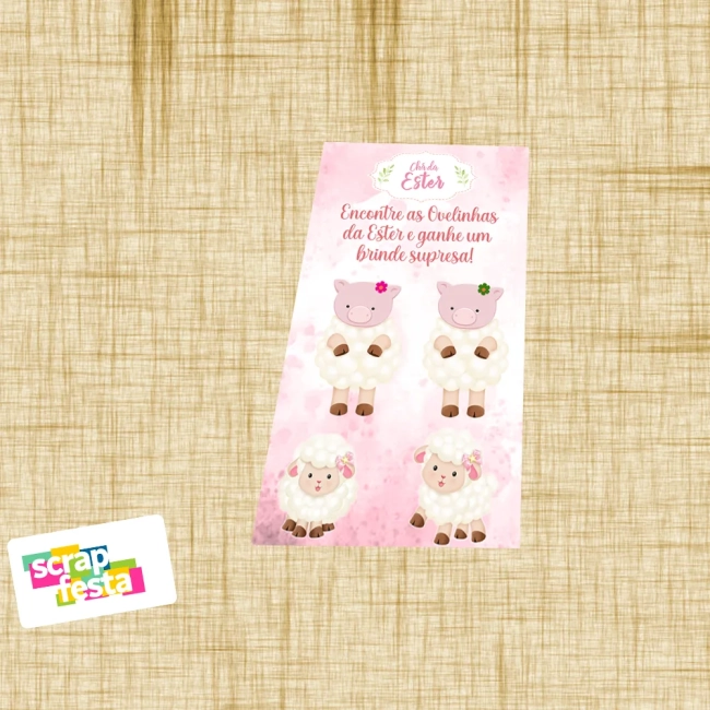 Cartão Raspadinha Brincadeira Festa Chá de Bebê Menina Ovelhinha Cute Aquarela