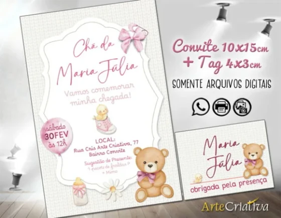 Convite Digital C/tag Chá de Bebê Menina Ursinha