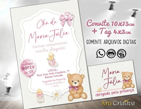 Convite Digital C/tag Chá de Bebê Menina Ursinha