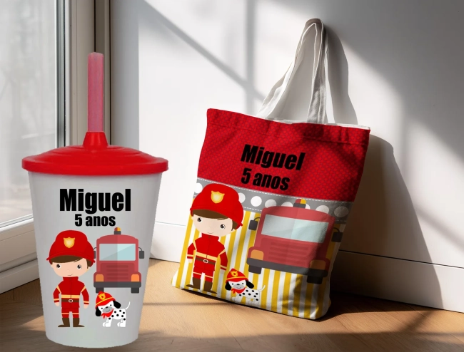 Kit Sacola Ecobag+ copo twister personalizado para lembrancinhas dos Bombeiros