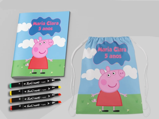 Kit Mochila e Revista de colorir com Canetinhas da Porquinha Rosa