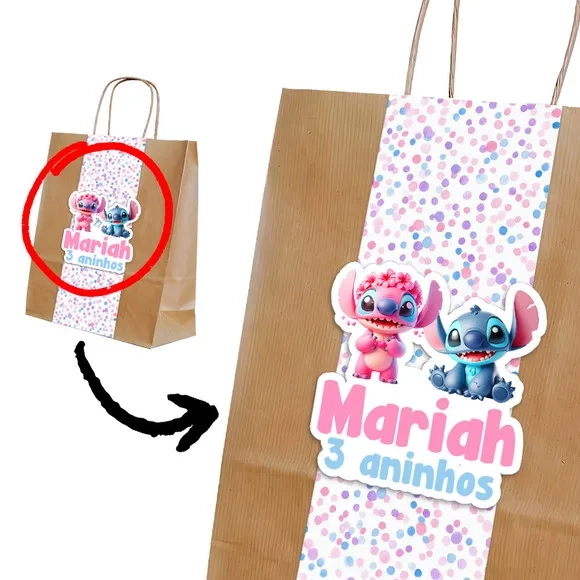 Sacola Personalizada Stitch Rosa Angel Kraft com Aplique