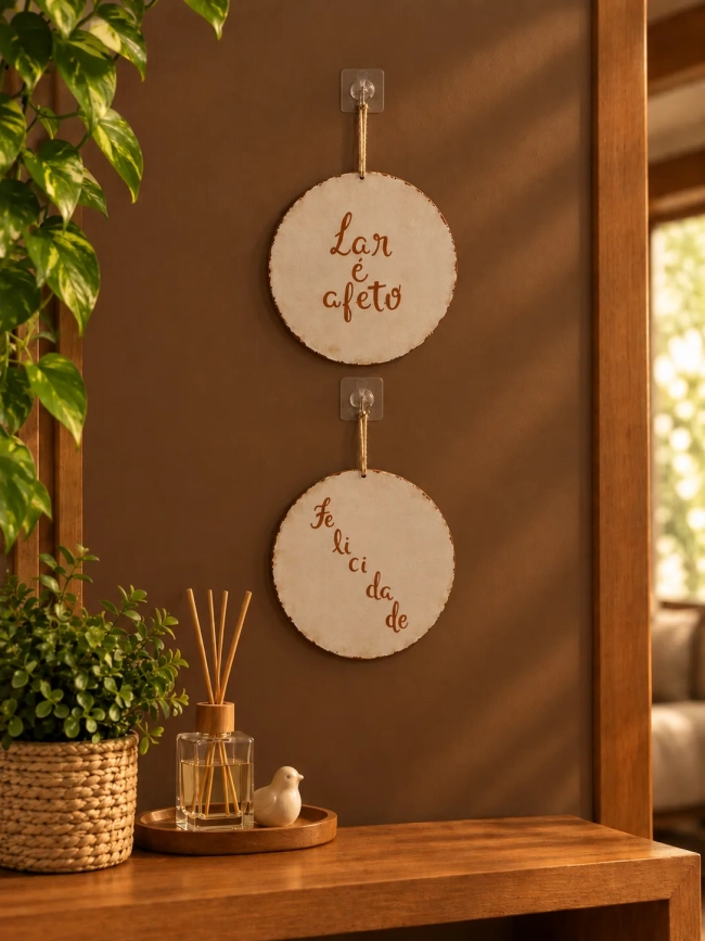 Kit 2 Placas Decorativas Parede MDF Lar é Afeto Felicidade 20cm